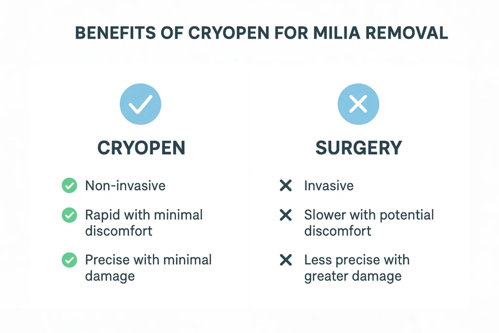 Benefits of cryopen for milia removal Beckton compared to surgical treatments.