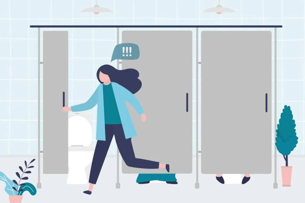 graphic of Urine incontinence Beckton woman running to the toilet.